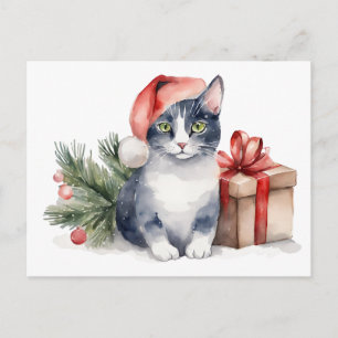 Aquarell-Weihnachtskatze mit Geschenk Feiertagspostkarte
