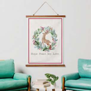Aquarell-Weihnachtskranz mit Hirsch individuell  Wandteppich Mit Holzrahmen