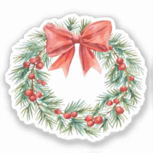 Aquarell-Weihnachtskranz mit roter Schleife und Be Aufkleber