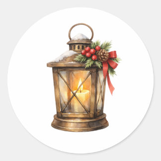 Aquarell-Weihnachtslaterne mit brennender Kerze Runder Aufkleber
