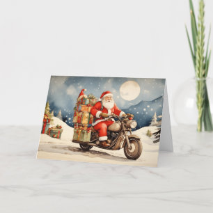 Aquarell-Weihnachtsmann auf Motorrad Feiertagskarte