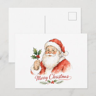 Aquarell-Weihnachtsmann mit Stechpalme Postkarte