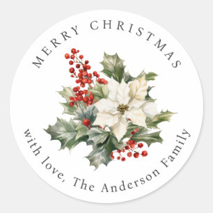 Aquarell-Weihnachtsstern-Stechpalme-Rote-Beeren-We Runder Aufkleber