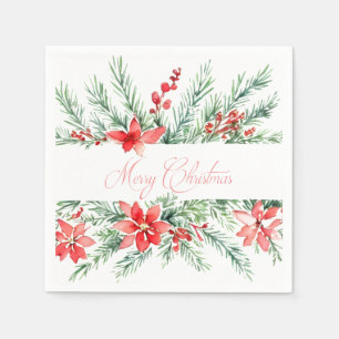 Aquarell-Weihnachtsstern und Grünzeug Serviette