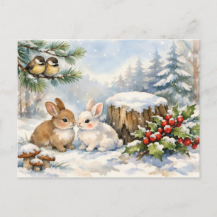 Aquarell-Weihnachtswald-Vögel und -Hasen Postkarte