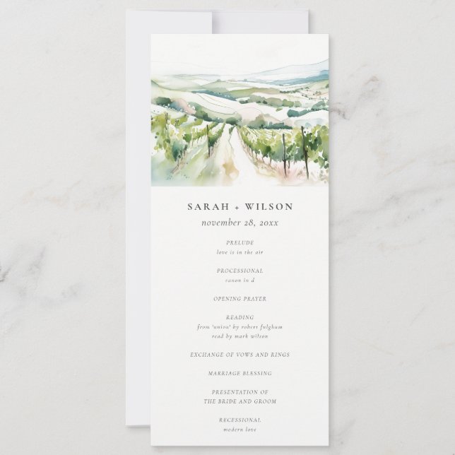 Aquarell Weinberg Landschaft Hochzeitsprogramm Einladung (Vorderseite)