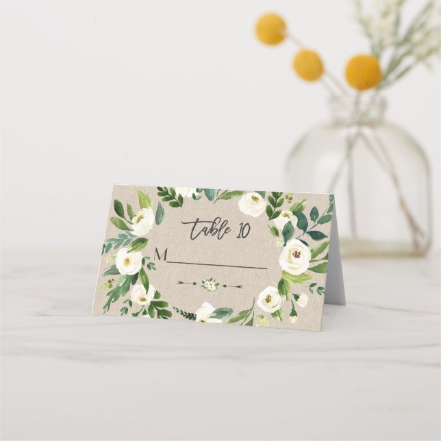 Aquarell Weiße Blume Leinwand Linen Hochzeit Platzkarte (Vorderseite)