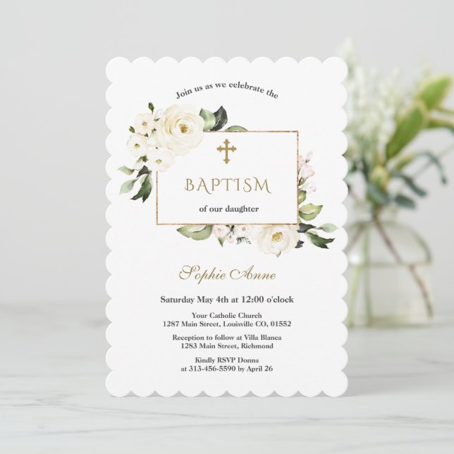Aquarell Weiße Blume Rose Gold Taufe Einladung (Stehend Vorderseite)