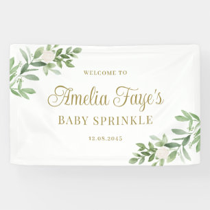 Aquarell Weiße Blume und Grünzeug Baby Sprinkle Banner