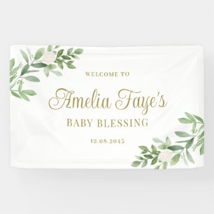 Aquarell Weiße Blumen Grün Baby Segen Banner