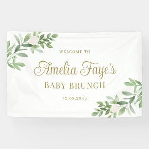 Aquarell Weiße Blumen und Grünzeug Baby Brunch Banner