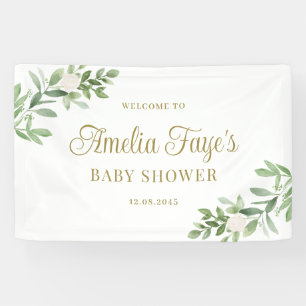 Aquarell Weiße Blumen und Grünzeug Babyparty Banner