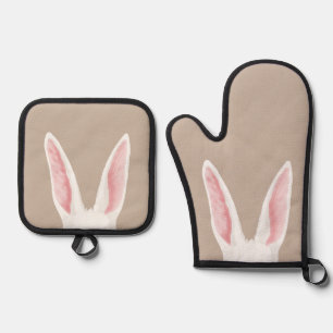 Aquarell Weiße Hasenohren auf Beige zu Ostern Ofenhandschuh & Topflappen-Set