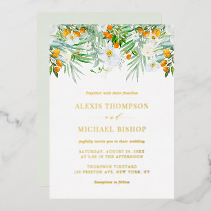 Aquarell Weiße Orchideen und Kumquats Hochzeit Folieneinladung