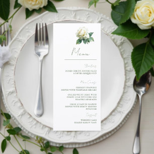 Aquarell Weiße Rose Elegante Botanische Hochzeit Menükarte