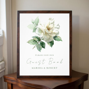 Aquarell Weiße Rose Hochzeitsgästebuch Schild