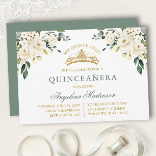 Aquarell Weiße Rosen Salbei Grün Gold Quinceanera Einladung
