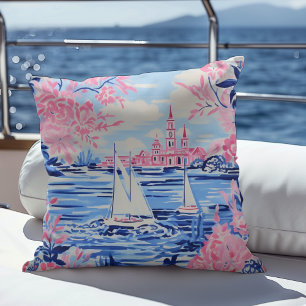 Aquarell Weiße Segelboote Blaue Gewässer Rosa Blum Kissen