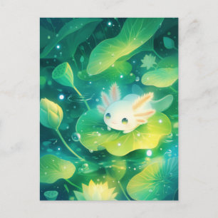 Aquarell Weißer Axolotl im grünen Seerosenteich Postkarte