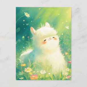 Aquarell Weißes Fluffiges Alpaka auf einer sonnige Postkarte