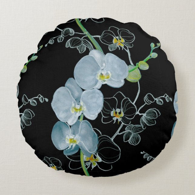 Aquarell-weißes Orchideen-Muster Rundes Kissen (Vorderseite)