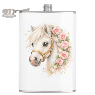 Aquarell Weißes Pferd Keramik-Flasche mit Rose Flachmann