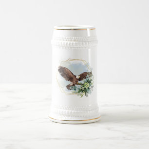 Aquarell Weißkopfseeadler gerahmter Blumenstrauß   Bierglas