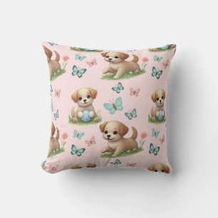 Aquarell-Welpen und Schmetterlinge in Rosa Kissen