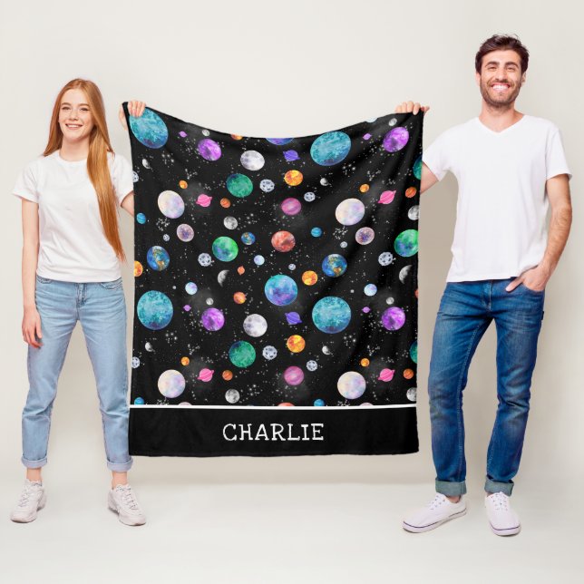Aquarell Weltraumplaneten Personalisierte Galaxie Fleecedecke (Beispiel)
