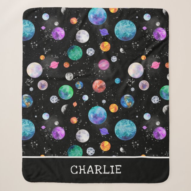 Aquarell Weltraumplaneten Personalisierte Galaxie Sherpadecke (Vorderseite)