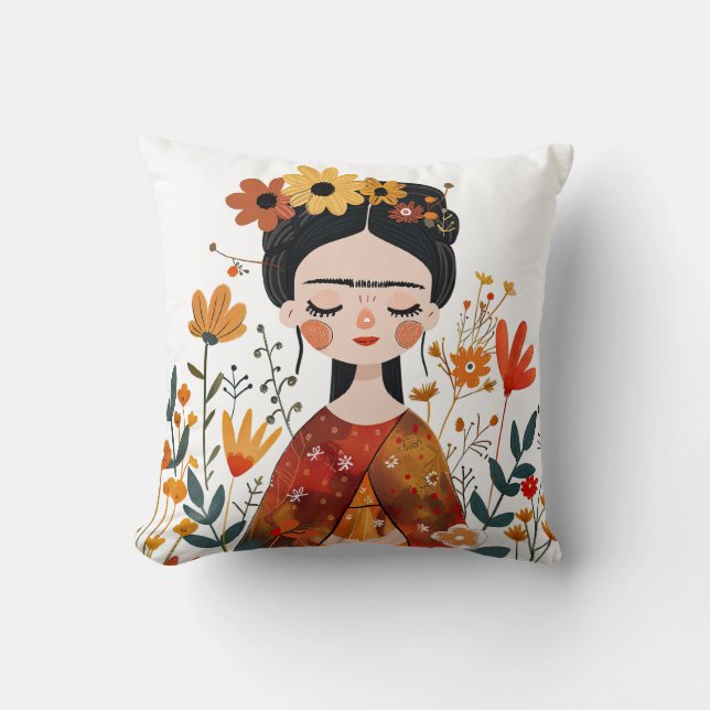 Aquarell Whimsical Frida Kahlo Illustration Kissen (Vorderseite)