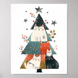 Aquarell-whimsical-Katzen-Weihnachtsbaum Poster