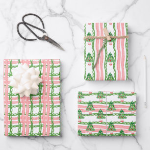 Aquarell-whimsischer Karo-Weihnachtsbäume Geschenkpapier Set