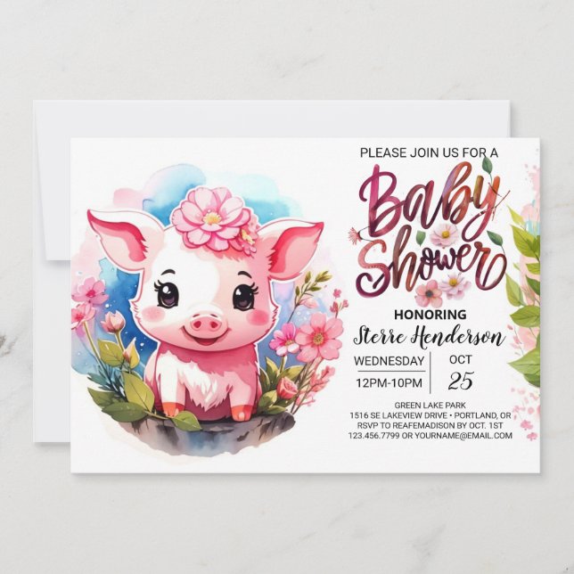 Aquarell Whispers Farm Pig Baby Dusche Einladung (Vorderseite)