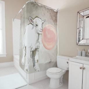 Aquarell White Baby Goat mit Bubblegum Duschvorhang