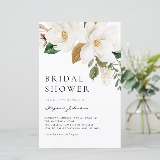 Aquarell White Magnolia Bridal Dusche Einladung (Stehend Vorderseite)