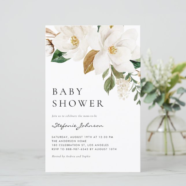 Aquarell White Magnolia Kinderdusche Einladung (Stehend Vorderseite)
