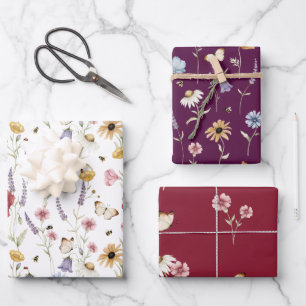 Aquarell-Wiesen-Blumen-Schmetterlinge-Bienen-Desig Geschenkpapier Set