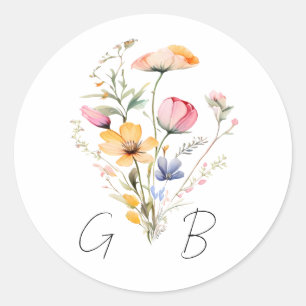 Aquarell-Wiesen-Wildblumen-Monogramm-Hochzeit Runder Aufkleber