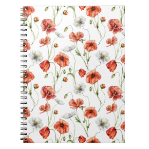 Aquarell-Wiesenmohn und weiße Wildblumen Notizblock