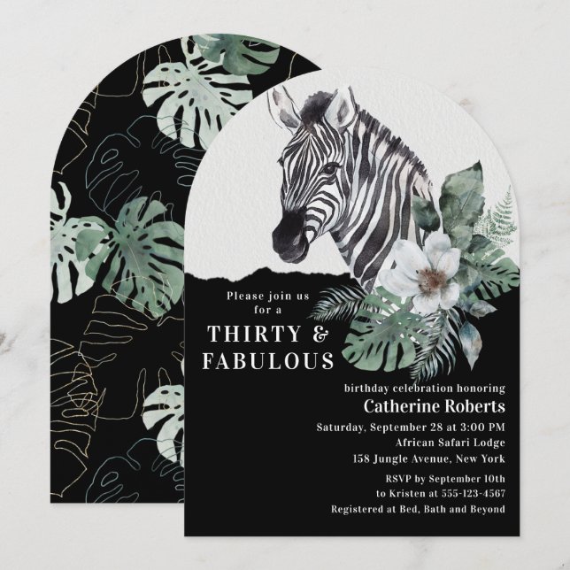 Aquarell Wild Zebra 30. Geburtstag Einladung (Vorne/Hinten)