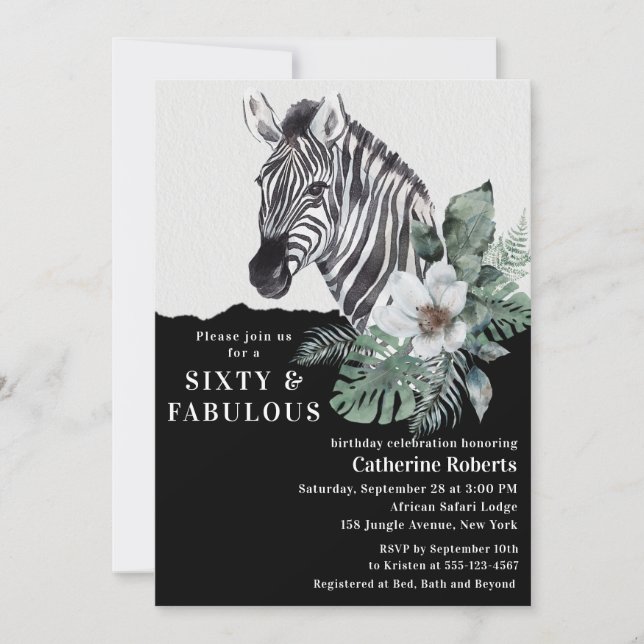 Aquarell Wild Zebra 60. Geburtstag Einladung (Vorderseite)