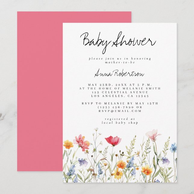 Aquarell Wildblume Babydusche Einladung (Vorne/Hinten)