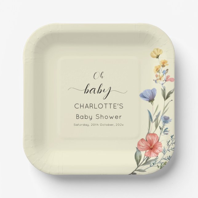 Aquarell Wildblume Babydusche Pappteller (Vorderseite)