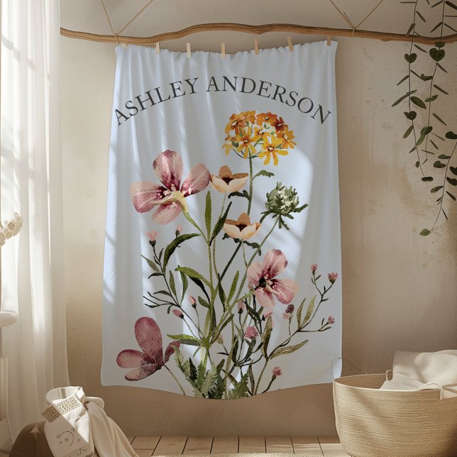 Aquarell Wildblume Bouquet #1 Personalisierter Nam Fleecedecke (In situ)