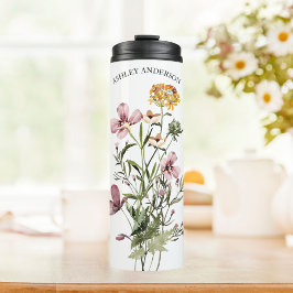 Aquarell Wildblume Bouquet #1 Personalisierter Nam Thermosbecher