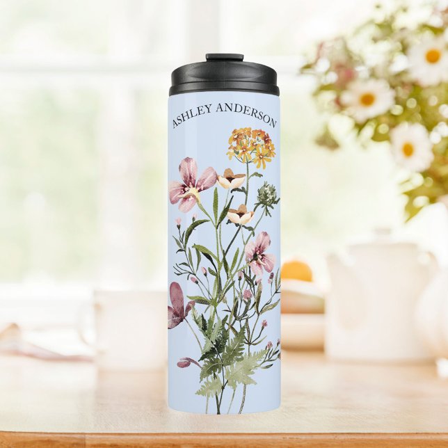 Aquarell Wildblume Bouquet #1 Personalisierter Nam Thermosbecher (In situ)