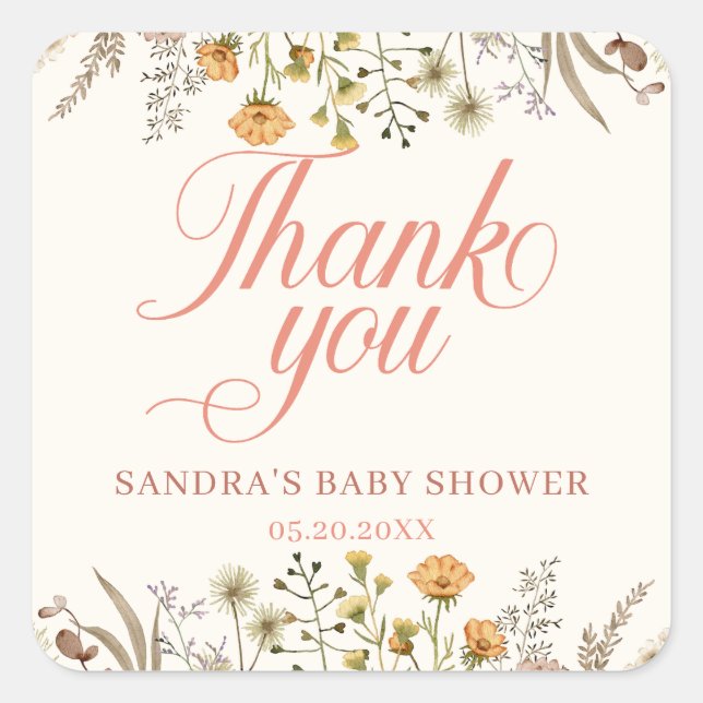 Aquarell Wildblume Danke Baby Dusche Quadratischer Aufkleber (Vorderseite)