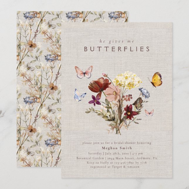 Aquarell-Wildblume Schmetterling-Brautparty Einladung (Vorne/Hinten)