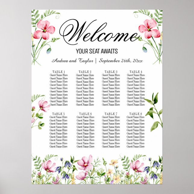 Aquarell-Wildblumen 8 Tische Hochzeitssitze Poster (Vorne)